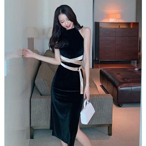 Lady Elegant Bandage Dress 2020 Korean Chic Patchwork Halter Dress Women Sleeveless New Fashion Sexy Party Vestidos AA5406