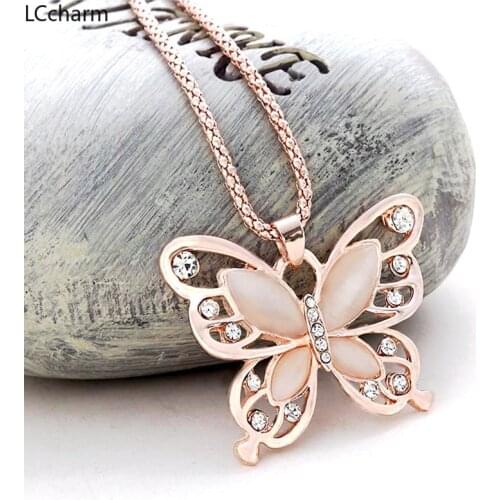 Female Rose Gold Butterfly Pendant Necklace Long Sweater Chain Fashion Jewelry