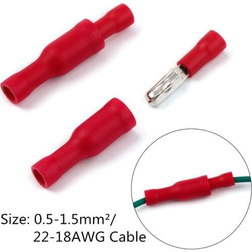 100PCS 22-18AWG Male Female Bullet Butt Wire Connectors Electrical Crimp Wire Terminals 0.5-1.5mm Red Assorted Kit