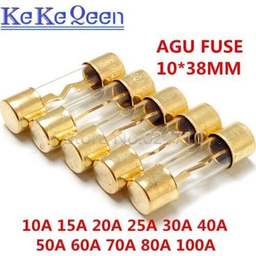 5Pcs/lot 10*38MM Gold Plated Glass AGU 5AU 10*38 Fuse Pack Car Audio Amp Amplifier 10A 15A 20A 25A 30A 40A 50A 60A 70A 80A 100A