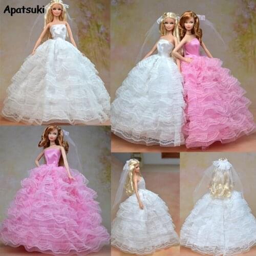 7-layers Lace Formal Party Dresses For Barbie Doll Clothes Wedding Dress + Veil Vestido Clothes For 1/6 BJD Doll Clothing House