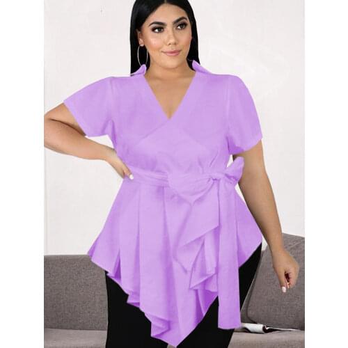 Plus Size Tops Women Short Sleeve Ruffles Sexy V Neck Blouse Summer Fashion Cotton Top Shirts with Waist Belt Dropshipping 2021