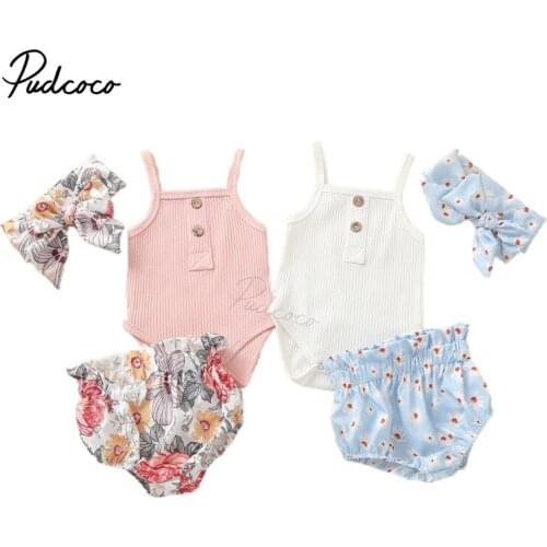 Kids Baby Girls 3-piece Outfit Set Sleeveless Ribbed Romper+Floral Print Shorts+Headband Set