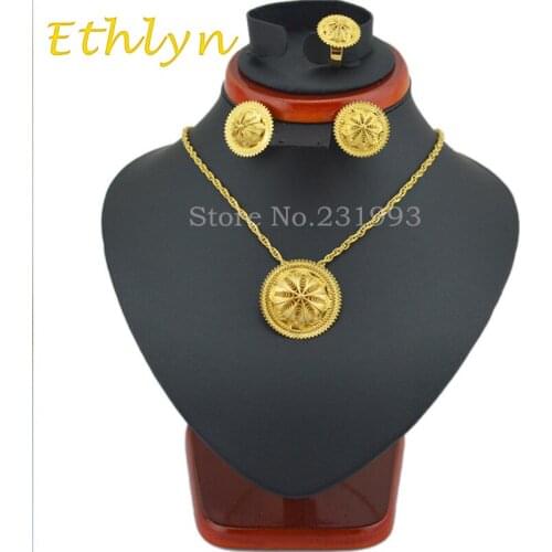 Famous Brand New Arrival Ethiopian Wedding Jewelry sets Nacklace Gold Color African Bridal Jewelry Set for Women Elegant S27B