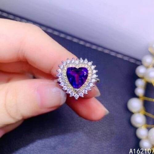 Exquisite Jewelry 925 Sterling Silver Girls Luxurious And Lovely Heart-shaped Gem Amethyst Adjustable Ring Support Detection