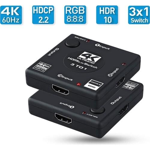 4K@60Hz RGB 8:8:8 HDMI 2.0b Switch 3 in 1 Out HDMI Live Stream Video Switcher Selector Box Supports HDCP 2.2 HDR