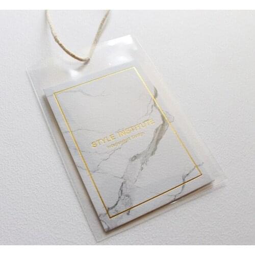 Fashion custom hang tag with logo 700gsm paper gold printing with opp transparent bag tag for clothing