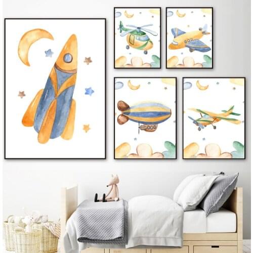Cartoon Airplane Hot Air Balloon Rocket Wall Art Canvas Painting Nordic Posters And Prints Wall Pictures Baby Kids Room Decor