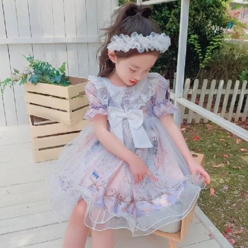 Fashion New Girl Summer Dress Lace Bow Printed Girls Baby Princess Birthday Party Dresses Child Vestidos Clothes 2-8age