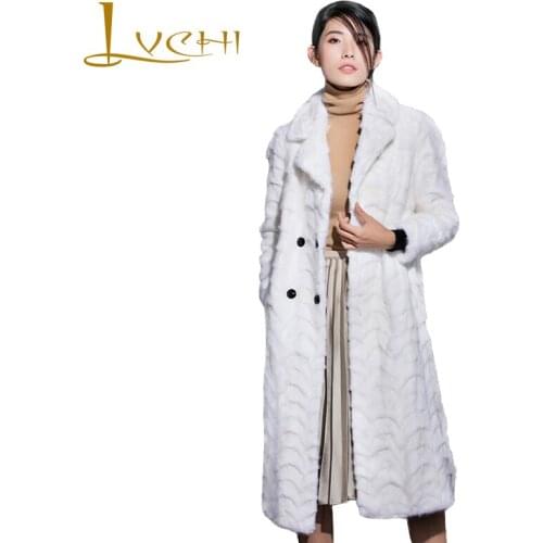 LVCHI North American Mink Womens Real Natural Coats Women Warm Fashion Show Simple Section Coat Wave Bold Cut Design Visone