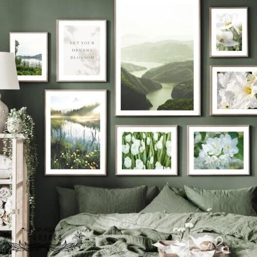Natural Green Mountain Lake Posters and Prints White Violets Tulip Plum Flower Wall Art Canvas Painting for Living Room Decor