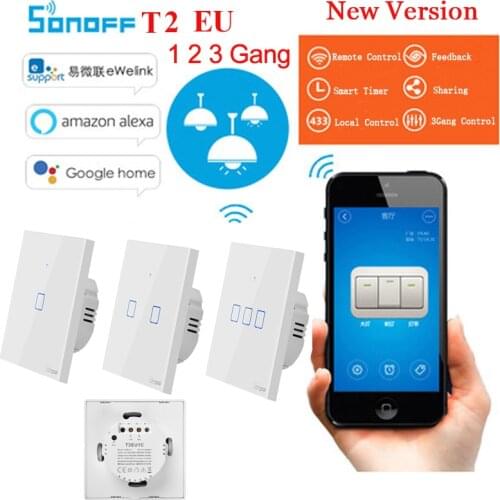 Sonoff TX T2 EU 1 2 3 Gang WIFI Smart Switch Smart Home Remote Control 433 RF Wall Touch Timer Light Switch Work with Alexa