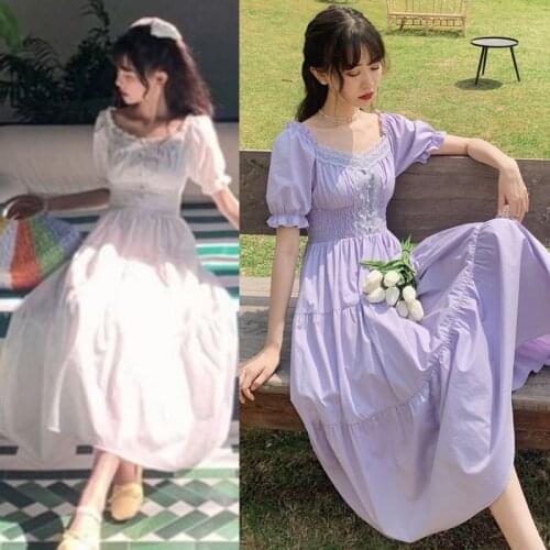 Vintage Square Collar Art Lace Waist Purple Elegant Lace Long Maxi Female Franch Dress Casual Holiday Lady Vestidos