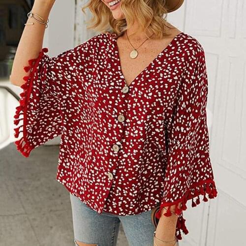 New 2020 Women Summer Casual V Neck Long Sleeve Blouse Print Tassels Cuff Buttons Loose Shirt Sexy