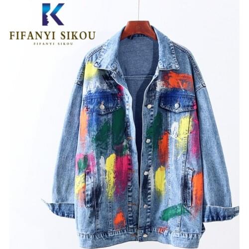 Streetwear Women Jeans Jacket Fashion Painted Graffiti Washed Denim Jacket 2020 Autumn Loose Jeans Coat Female Harajuku Jackets