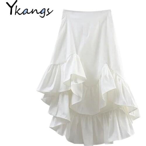 Vintage Irregular Ruffle High Waist Pleated Skirt Women Summer Spring White Black Korean Style Asymmetrical Skirt Korean Fashion