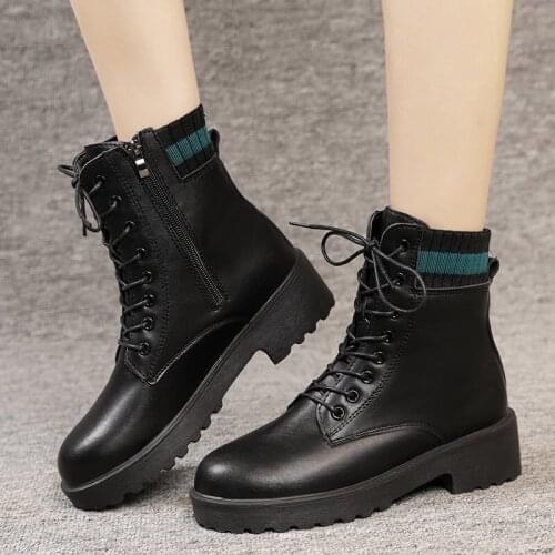 Nice New Black PU Leather Ankle Boots Women Winter Vogue Casual Boots Round Toe Lace Up Motorcycle Platform Boots Botas Mujer