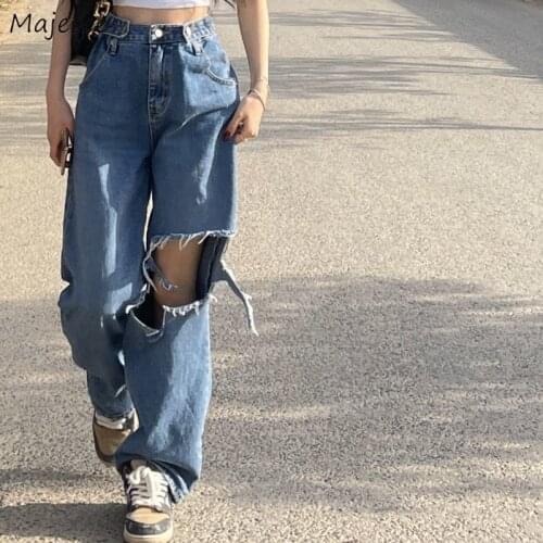 Jeans Women Hole Vintage Streetwear High Waist Korean Style Hip-hop Stylish Wide-leg Trouser Female Daily Teens All-match Trendy