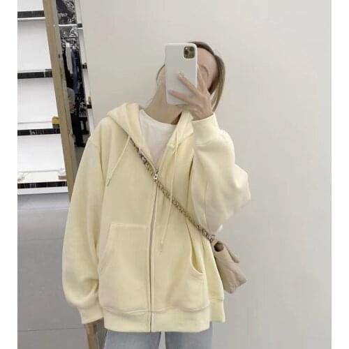 With Hat Zip-up Hoodies Women Spring Harajuku Fashion Sweet Japanese Pockets Simple Cute Tender Zipper Elegant Loose All-match