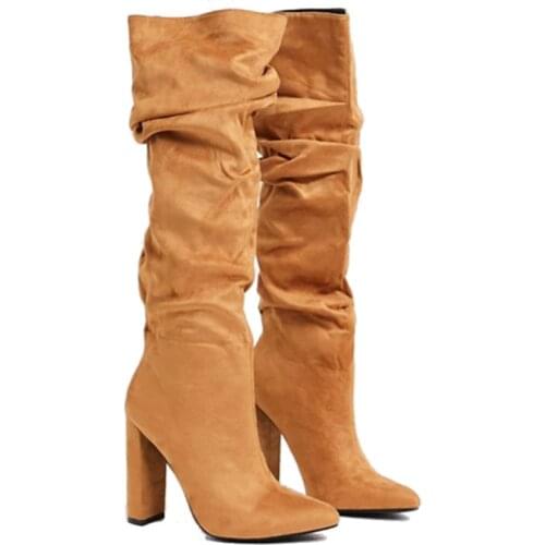 Fashion Women Boots Big Size Pointed Toe Suede Thick Square Heels High Heeled Winter Over-the-knee Boots Shose Woman Botas Mujer