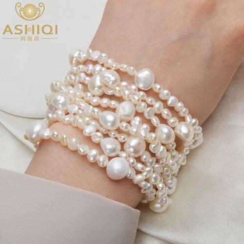 ASHIQI Natural Freshwater Pearl 8 Strand Bracelet for women Gorgeous Multi layer Baroque pearl Bracelets 4-10mm Handmade Jewelry