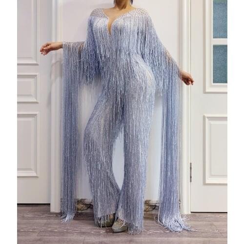 Women Singer Dancer Silver Gray Fringe Rhinestones Jumpsuit Birthday Celebrate Tassel Bodysuit Stage Dance Leggings