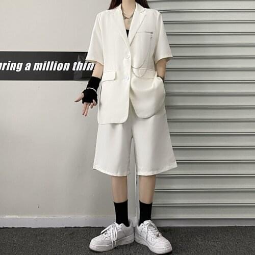 Womens Loose White Suits for 2021 Summer Fashion Trends Couple Clothes Office Ladies Oversized 2 Piece Shorts and Blazer Outfits