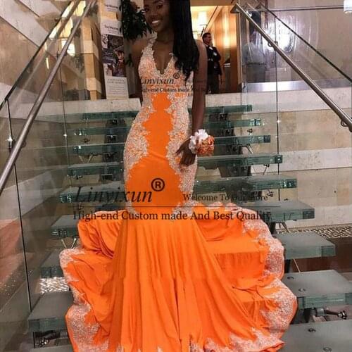Halter Orange Mermaid Prom Dress with Appliques Lace Open Back Sexy Trumpet Court Trian Long Formal Evening Party Gown