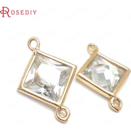 10PCS 11x7MM 15x10MM 18x13MM 24K Champagne Gold Color with White Zircon Brass 2 Holes Square Connect Charms Pendants Findings