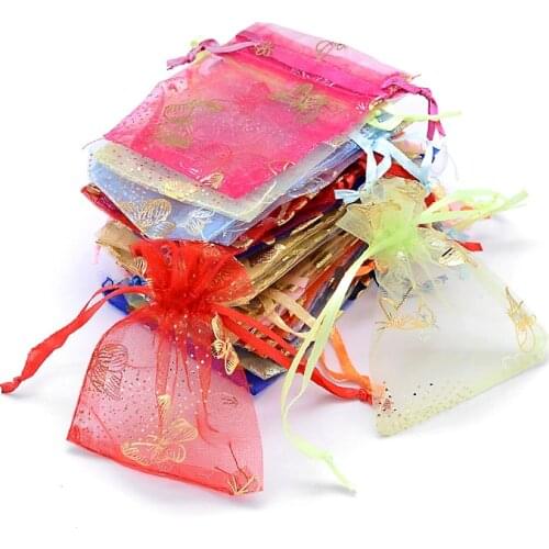 10pcs Gold Stamping Butterfly Rectangle Organza Gift Bags For Christmas Jewelry Candy Packing Drawable Pouches 9x7cm Mix Color