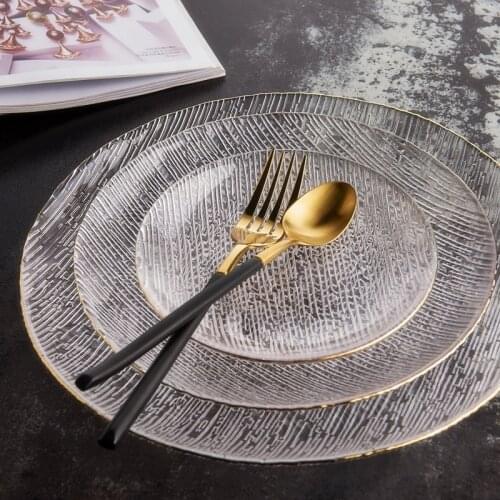 6-11Inch Multi-Purpose Ins Nordic Glacier Plate Gold Foil Glass Plate Salad Plate Striped Dish Steak Dessert Buffet Tableware
