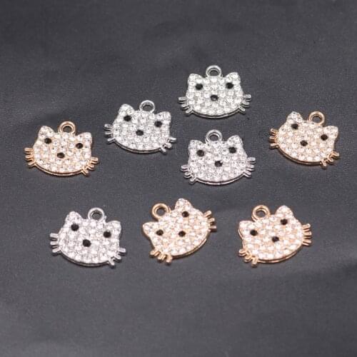 8pcs Rhinestone Silver Color/Gold Color Cute Cat Pendant DIY Charms Fashion Earrings Bracelet Jewelry Crafts Metal Accessories