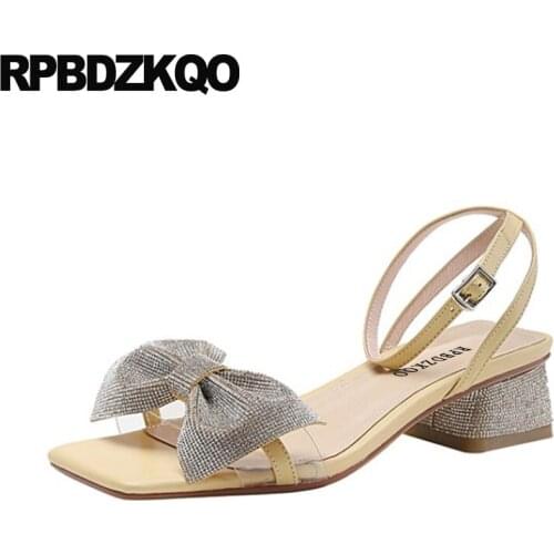 Jewel Sandals Cute Bow Transparent Chunky Yellow Pvc Bling Women Clear Strap Heels Shoes Diamond Kawaii Low Heel Luxury Ankle