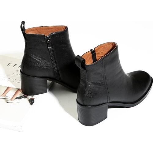 Genuine Cow Leather Thick-heeled short boots women leather single boots square toe short boots thick-soled ankle boots