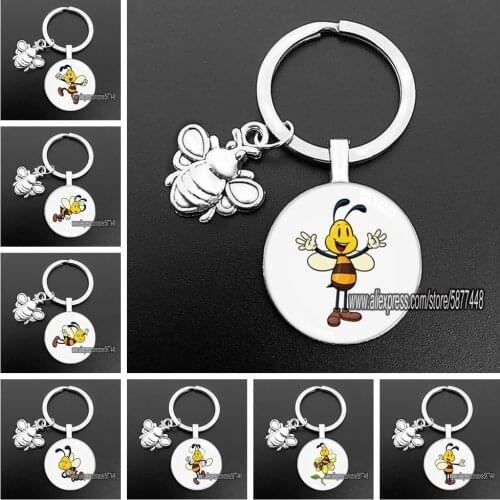 Cute Bee Keychain Happy Bee Glass Cabochon Key Chain Lovely Animal Key Ring Pendant Keyring