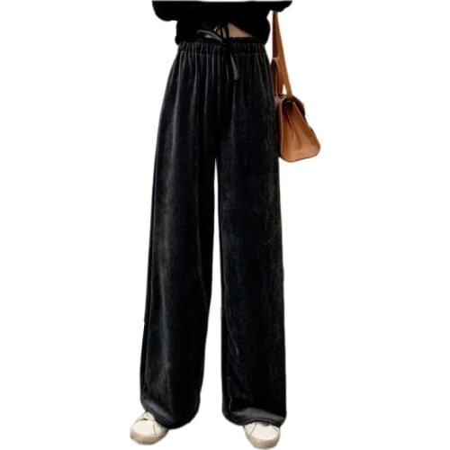 Gold velvet wide-leg pants women autumn winter high waist loose casual Plus size womens thick straight vertical mop long pants