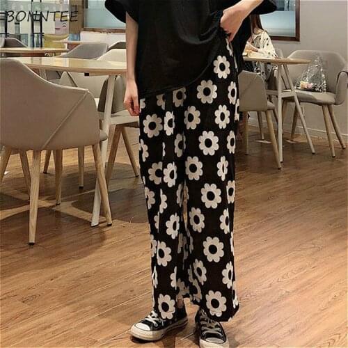 Wide Leg Pants Women Simple Harajuku All-match Lady Full Length Trouser Floral Elastic Waist Casual Flat Teenagers Summer Trendy