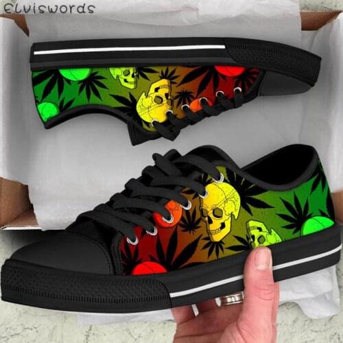ELVISWORDS Sugar Skull Leaves Design Ladies Classic Low Top Vulcanized Shoes Women Casual Sneaker Lace Up Walking Shoes Footwear