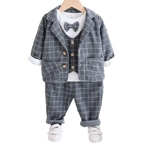Toddler Boys Clothing Set Autumn Winter Baby Suit Childrens Plaid Jackets Tops 3Pcs Pants Suit Gentleman Kids Clothing Sets