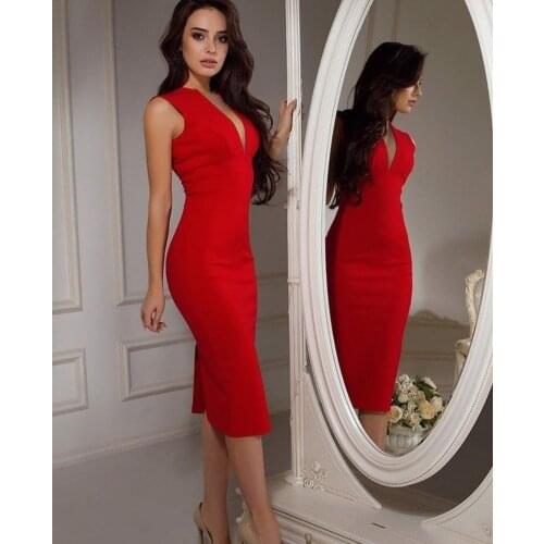 Short Red V-Neck Evening Dresses with Slit Zipper Back Tea Length Arabic Formal Party Dress for Women