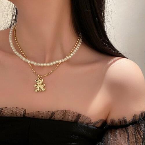 Best selling new jewelry with pearl bear double-layer necklace clavicle chain temperament short necklace for female party gifts