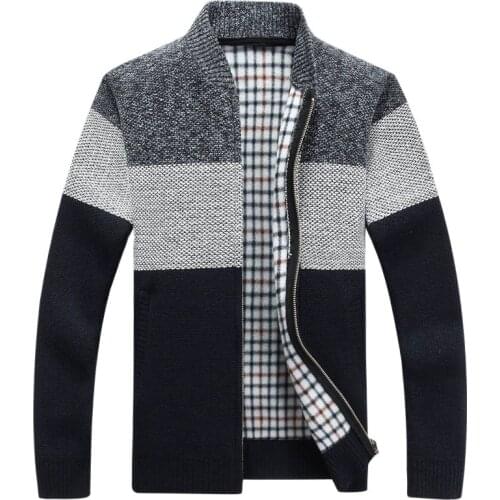 Autumn Winter Fashion Men Knit Jacket Thick Stripe Patchwork Cardigan Male Plus Velvet Lining Casual Coat Mens Slim Outerwear