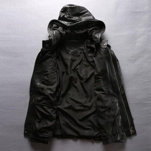 Mens hooded black vegetable tanned sheepskin pockets genuine jacket men autumn leather coat with hat