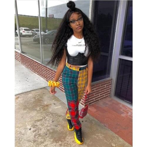 2021 Autumn New Womens Pants Fashion Contrast Color Stitching Straight Leg Pants Plaid Pants Plus Size