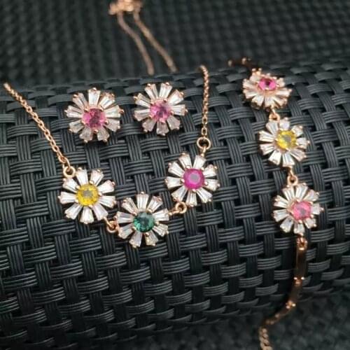 Charming colorful flower gemstone ring bracelet and necklace jewelry set for women ornament natural tourmaline real 925 silver