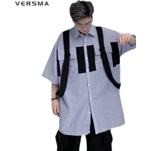 VERSMA Japanese Harajuku Striped Short Sleeve Shirt Men Women Hip Hop Streetwear Ribbon Patchwork Unisex Shirt Men Dropshipping