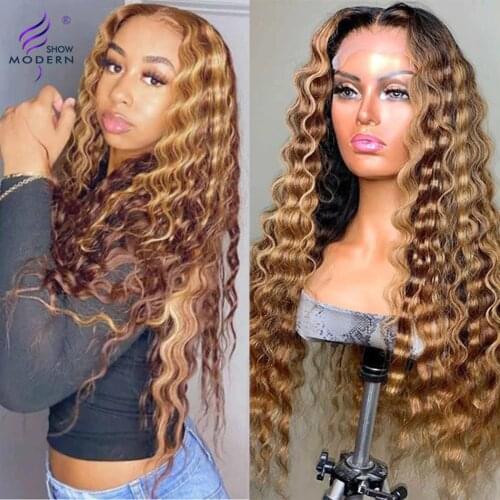 Modern Show Brazilian 13x4 Highlight Curly Wave Lace Front Wigs 4/27 Highlight Ombre Colored Remy Human Hair Wig 150% Density