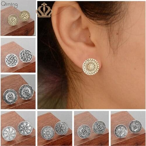 Kolovrat Womens Earrings Pagan Viking Runes Retro Men Jewelry Amulet Slavic Symbol Round Nordic Stud Earrings Gift Man