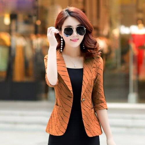2020 Spring Stripe Women Blazer Seven-Quarter Sleeve Suits Jacket Korean Casual Short Slim Thin Tops Fashion Ladies 3XL D2108