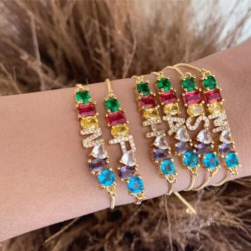 Hot Trendy Women Gold Color Bracelet New Rainbow Cubic Zircon A-Z Letter Initials For Women Charm Bracelet Jewelry Accessories